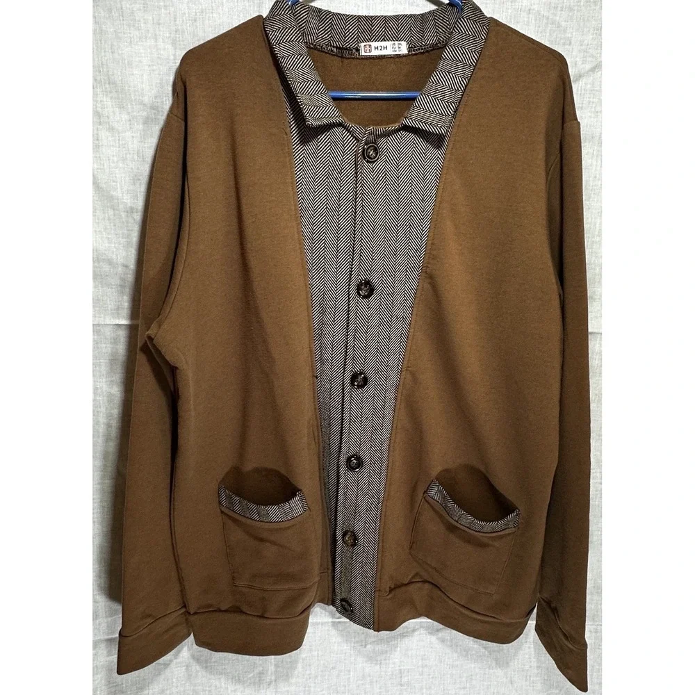 H2H Cardigan Sweater 2XL Brown Herringbone Trim Button Front Collared Excellent